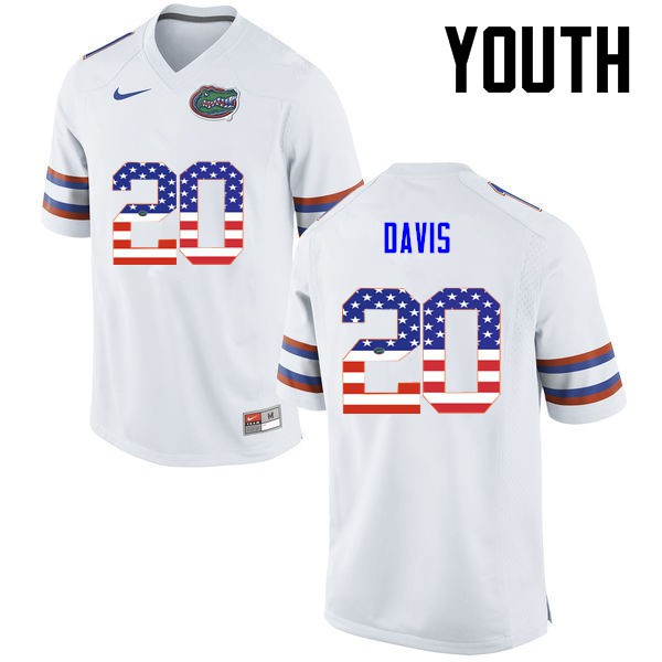 Florida Gators Youth #20 Malik Davis College Football USA Flag Fashion White